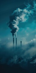 Obraz premium Industrial smokestacks emitting thick smoke into a hazy blue sky, symbolizing air pollution and environmental impact of industrial activities.