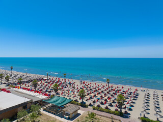 Adriatic blue sea on Albania coast Spille beach resort. Panormaic
