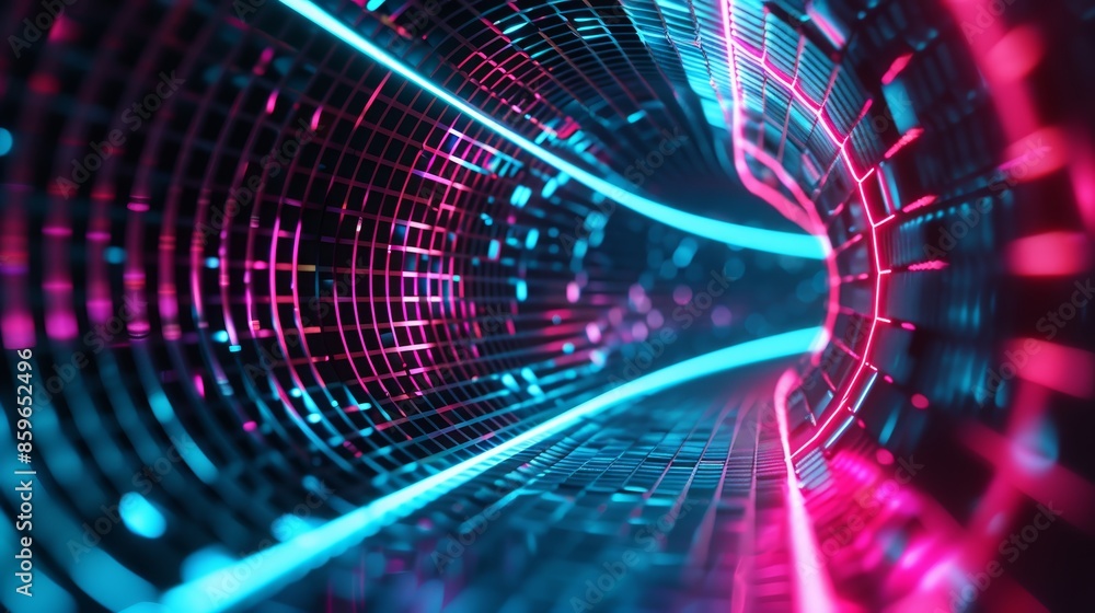 Aufkleber abstract neon futuristic tunnel with glowing lights and grid lines, simulating a digital cyber space