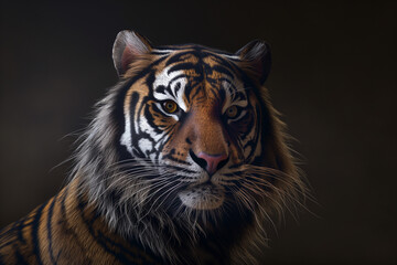portrait of a bengal tiger,A close-up head shot of a tiger, created with Generative AI, set against a dark background