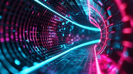 Obraz premium Abstract neon futuristic tunnel with glowing lights and grid lines, simulating a digital cyber space and virtual reality world, intense colors and flowing shapes for a dynamic background