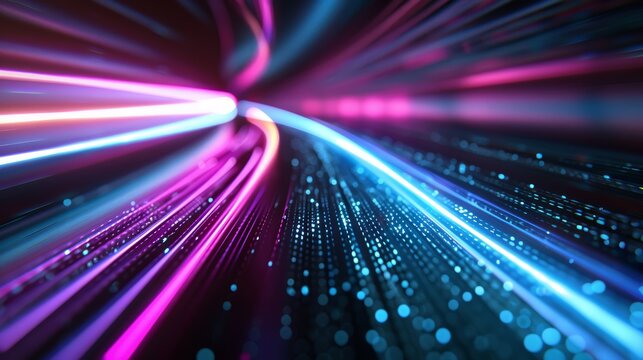 Abstract high-speed data transfer with ultra-fast broadband, digital cyber tech motion, luminous connections, neon pathways, and futuristic tech grid, vibrant colors and dynamic flow