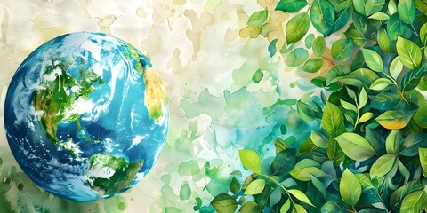 Earth Globe Surrounded by Green Leaves in Watercolor Style for Eco-Friendly Campaigns or Banners. Concept Eco-Friendly Campaigns, Watercolor Style, Green Leaves, Earth Globe, Banners