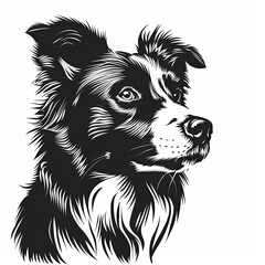 A black and white drawing of a Border Collie dog
