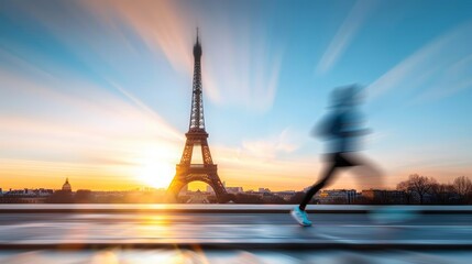 Blurred motion of joggers with Eiffel Tower in the backdrop, Parisian city life, energy and movement, early morning light, urban vibrancy