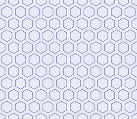 Honeycomb mosaic hexagons background. Indigo color on matching background. Hexagon mosaic cells with padding. Hexagonal shapes. Seamless pattern. Tileable vector illustration.
