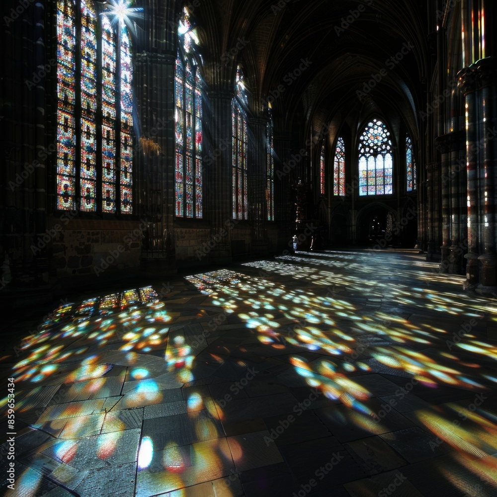 Poster A large, empty room with stained glass windows that let in sunlight