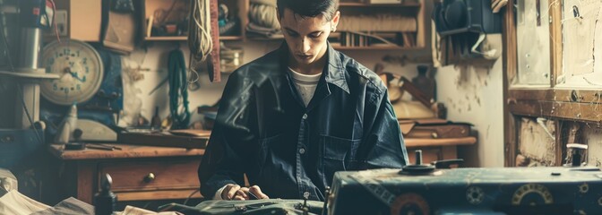 A man is working in a workshop He is wearing a leather apron and a tool belt He is using a saw to cut a piece of wood The workshop is full of tools and materials. AIGZ01