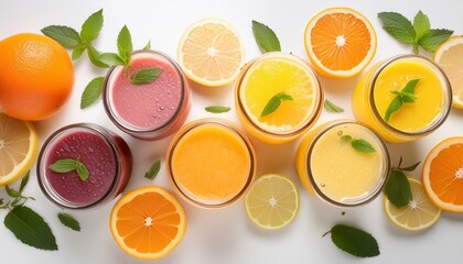 ice cold mix fruit smoothie cocktail with lemon and orange juice isolated on white background, top view; colorful summer drinks