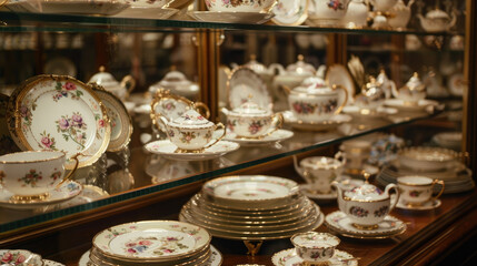 Elegant white and gold porcelain dishes and cups with floral patterns are neatly displayed on glass shelves.
