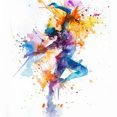 Renowned dancer captured in a fluid,abstract watercolor painting on a clean white background. This dynamic.