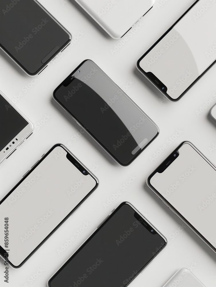Fototapete an image of several modern smartphones arranged in a diagonal pattern on a white surface. perfect fo