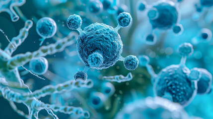 A microscopic view of three-dimensional blue bacteria.