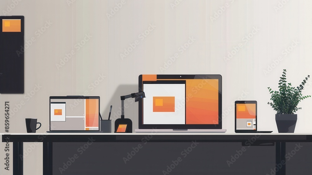 Leinwandbilder a sleek desk with modern laptops and tablets displaying vibrant apps and work processes, perfect for