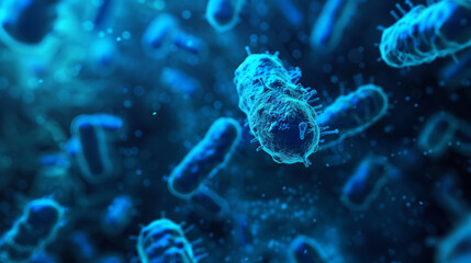 A microscopic view of three-dimensional blue bacteria.