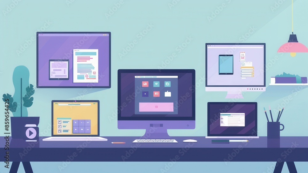 Leinwandbilder an illustration showcasing a modern desk with multiple laptops and tablets displaying vibrant apps a