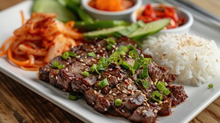 Fototapeta premium Grilled beef served with rice and vegetables on white plate closeup. Traditional barbecue dish