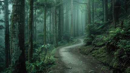 Fototapeta premium A misty forest with tall trees, a winding dirt path, and lush greenery on both sides. The scene feels calm and serene.