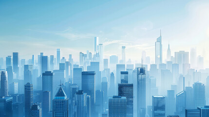 City skyline with tall buildings and a blue morning sky.