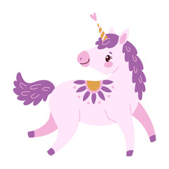 Cute lavender magical unicorn. Romantic magical pony Hand drawn flat style isolated for Greeting card, poster, print, t-shirt, party concept, kids books, wallpapers. Vector illustration