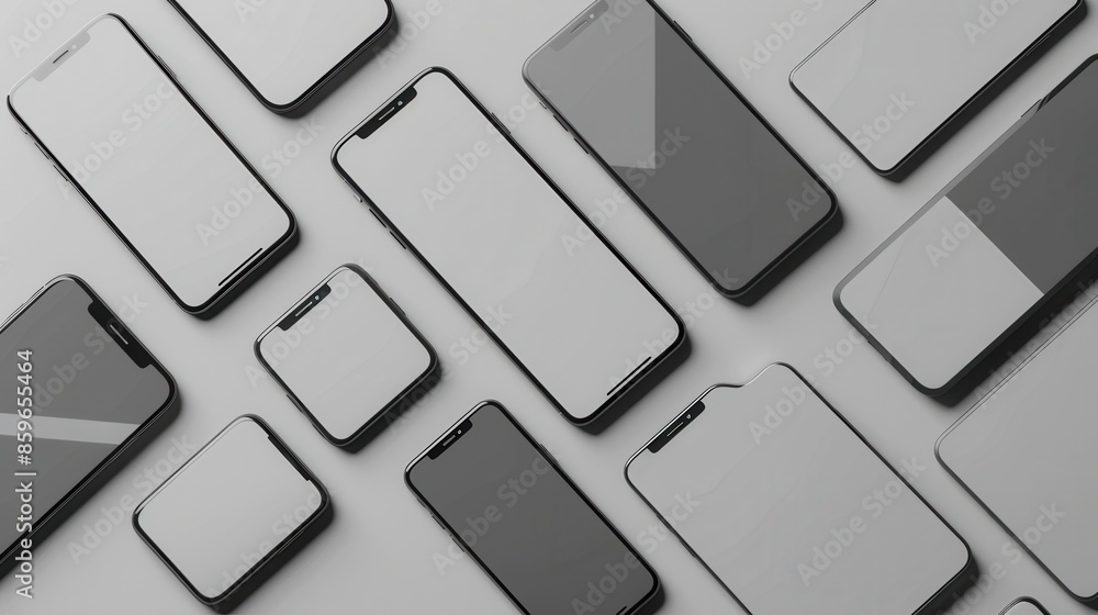 Poster A flat lay showcasing several modern smartphones arranged in different angles on a white surface, ideal for showcasing mobile technology and accessories. Generative AI