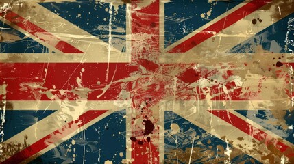 Fototapeta premium Distressed Vintage Union Jack Flag With Red, White, and Blue Paint Splatter British flag