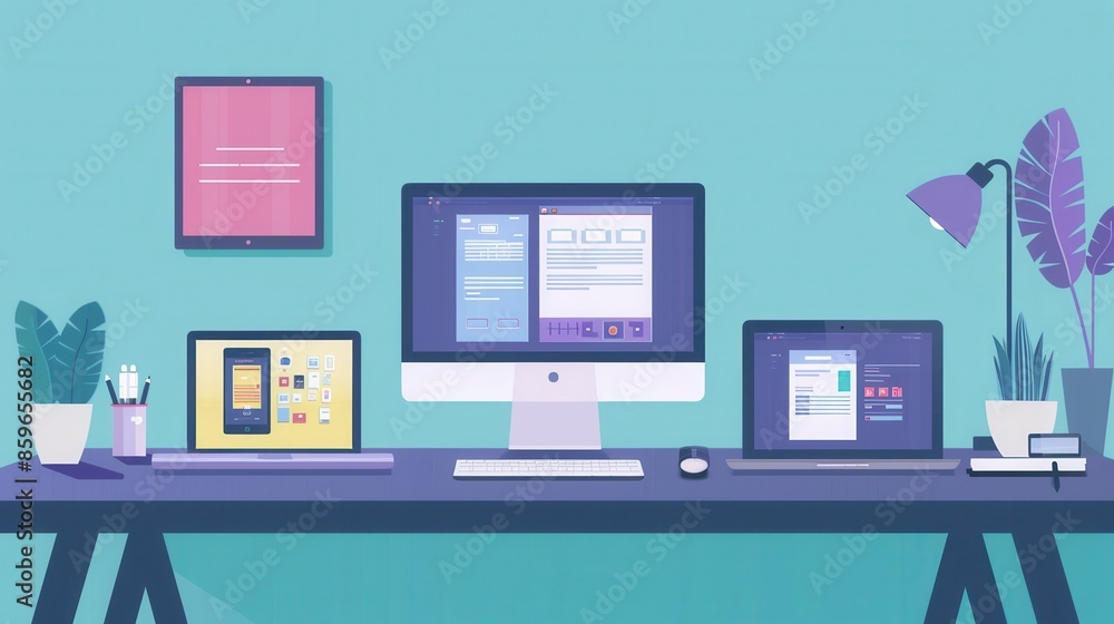 Leinwandbilder a sleek desk with modern laptops and tablets displaying colorful apps and work processes. ideal for 