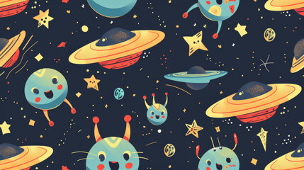 Naklejka premium Cute pattern with flying saucers, UFOs, and adorable aliens. Perfect for backgrounds, wrapping paper, wallpaper, fabrics, clothes, and covers.