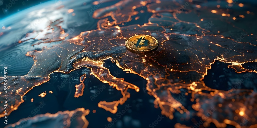 Poster visualizing bitcoin terminology on a 3d global technology map. concept bitcoin, cryptocurrency, tech