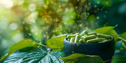 Mitragyna Speciosa Kratom Products Displayed Against Blurry Background. Concept Kratom Products, Botanical Photography, Blurry Background, Herbal Supplements, Mitragyna Speciosa