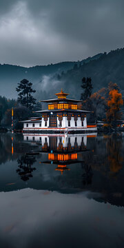 Templo Budista Tradicional em uma Paisagem de Montanha Serena