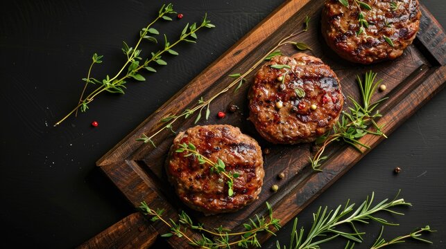 BBQ beef meat burgers on wooden board with herbs black background top view