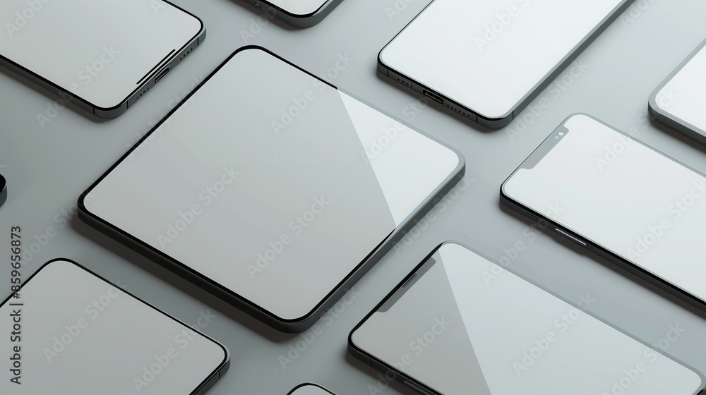 Aufkleber Several modern smartphones are arranged in different angles on a light gray background. Perfect for use in mobile technology or smartphone accessory marketing materials. Generative AI