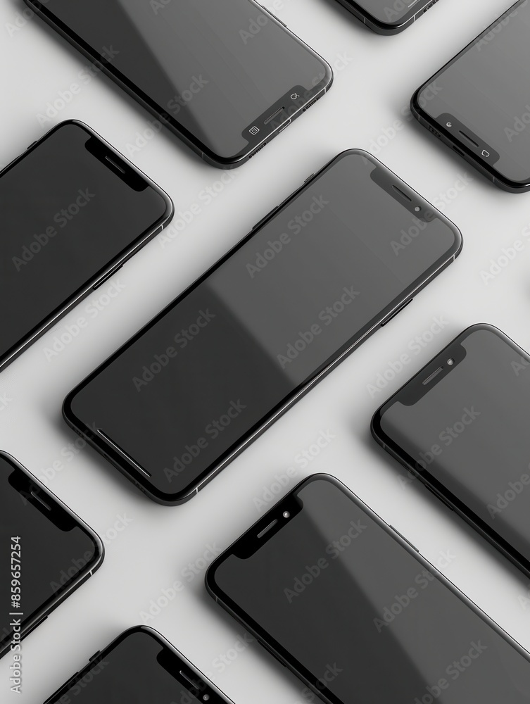 Leinwandbilder A flat lay image of several modern smartphones arranged in various angles on a white surface. Perfect for showcasing mobile technology or smartphone accessories. Generative AI