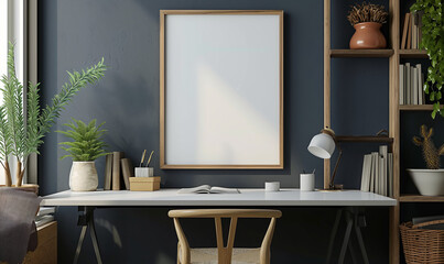Frame on an empty light wall. Living room interior design with wooden console, desk and empty frame on the wall. frame mockup for poster, picture or design. Modern home decor.