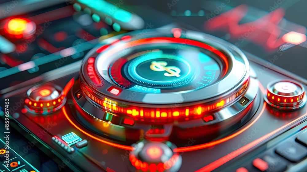 Poster futuristic technology interface with vibrant neon colors, displaying a high-tech control panel with 