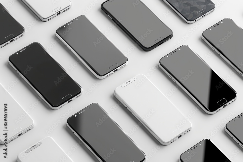 Aufkleber An overhead image featuring several modern smartphones positioned at different angles, showcasing their sleek design and functionality. Generative AI