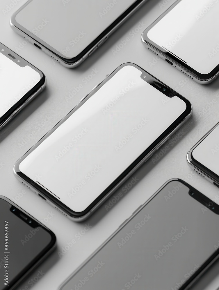 Aufkleber a flat lay image of several modern smartphones arranged at different angles on a white surface. gene