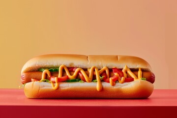 Delicious Hot Dog with Lettuce and Tomato. Close-up of a tasty hot dog topped with fresh lettuce and tomato, placed on a vibrant red table against a blank colorful background
