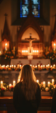 Mulher acendendo vela diante de um altar