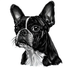 A black and white drawing of a Boston Terrier dog