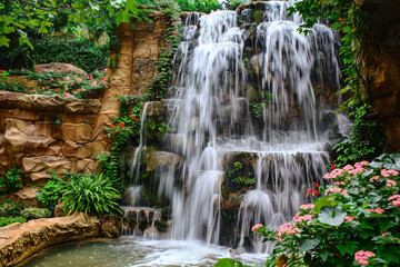 A picturesque waterfall cascading down a rocky cliff into a serene pool, surrounded by lush greenery and blooming flowers