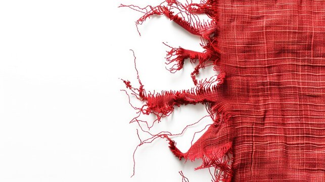 Fabric on white background with hole and loose threads striped red cotton material with torn stitch