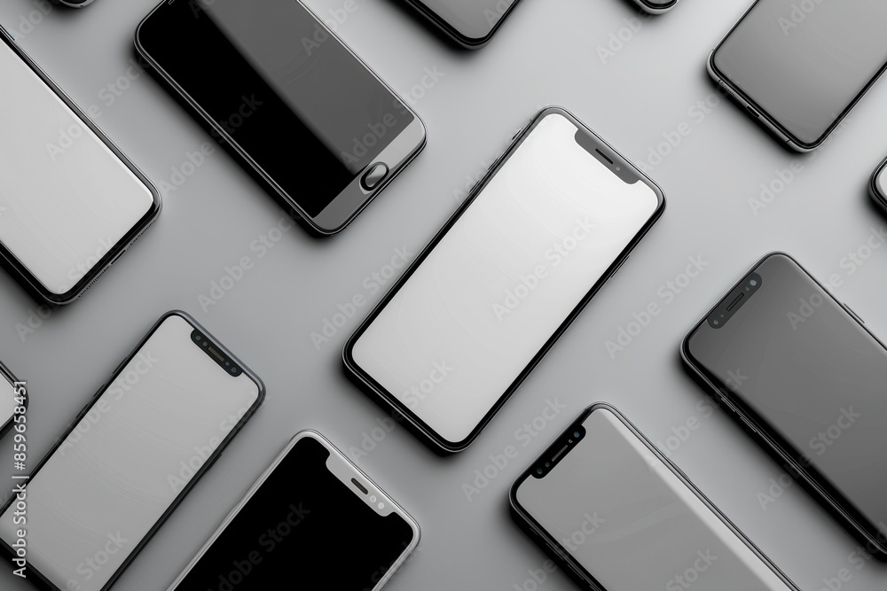 Poster a flat lay of several modern smartphones arranged in different angles on a grey background. generati