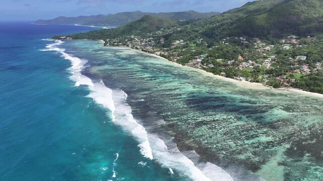 Anse Aux Pins Beach At Mahe Island In Victoria Seychelles. Indian Ocean Landscape. Beach Paradise. Mahe Island At Victoria. Seascape Outdoor. Archipelago Background. Tourism Travel.