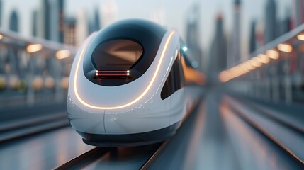 Fototapeta premium Close-up of a modern high-speed train's sleek design, gliding on tracks with urban skyline in the background, capturing the essence of contemporary railway transportation