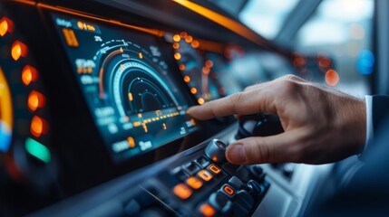 Naklejka premium Close-up of a train conductor's hand gripping the throttle in a modern train cabin, digital controls and navigation screens in the background, representing advanced railway technology