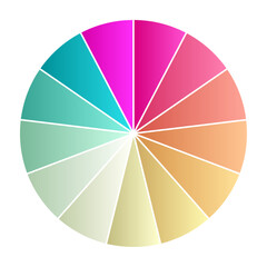 Obraz premium Pie chart with different segments in a circular diagram. wheel graph divided into parts and sections. Flat vector illustration isolated on white background.