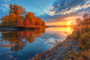 Obraz premium A serene autumn evening with the sun setting over a lake, the sky painted in warm hues, and the water reflecting the colorful trees along the shore