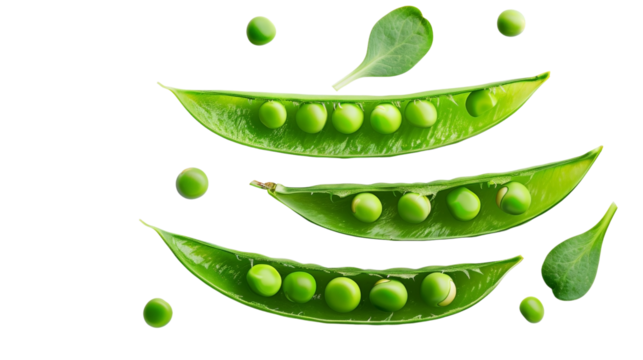 Fresh green peas in pods arranged in a pyramid shape, with scattered peas around, Cut-out PNG
